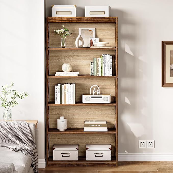 LITTLE TREE 69.9" Vintage Bookshelf, 5-Tier Tall Bookshelves, Cutout Design - Image 4