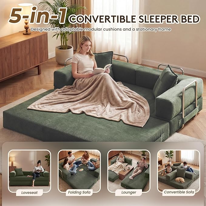 GRUSIGN 78 Inch Convertible Sofa Bed, 5-in-1 Futon Sofa Bed Pull Out Couch - Image 3