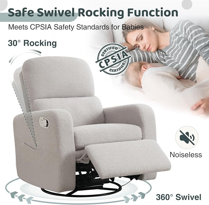 Swivel Rocker Recliner, Oversized Teddy Manual Nursery Glider Rocking Recliner - Image 3