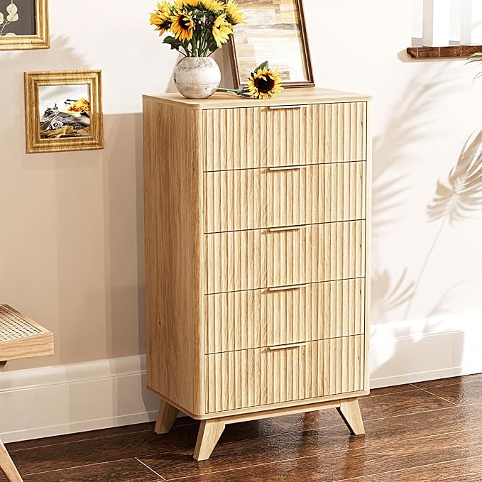 VINGLI Fluted Tall Dresser 5 Drawer, 23.66" W Chest of Drawers, Oak Wood Dresser - Image 9