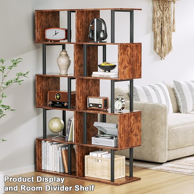 Furologee 6 Tier Bookshelf, Tall S Shaped Geometric Bookcase, Modern Display - Image 4