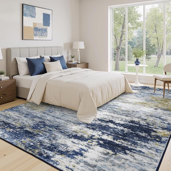 8x10 Area Rug for Living Room, Abstract Washable Large Rugs, Dark Blue | - Image 2