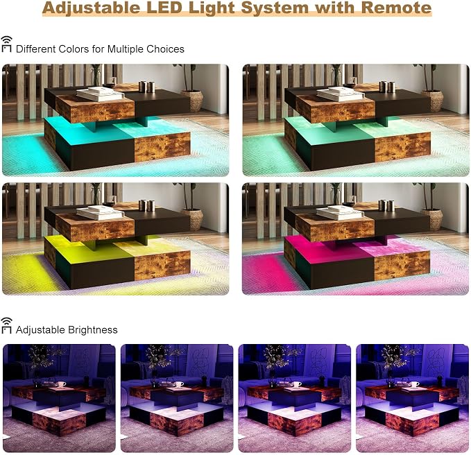 HedoAjim LED Coffee Table for Living Room, Living Room Table 2-Tier Square - Image 6