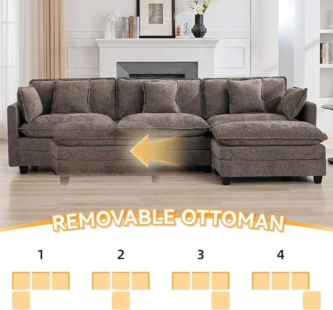 111'' Sectional Cloud Deep Seat Couch, Modern Comfy Chenille L Shaped Sectional - Image 6