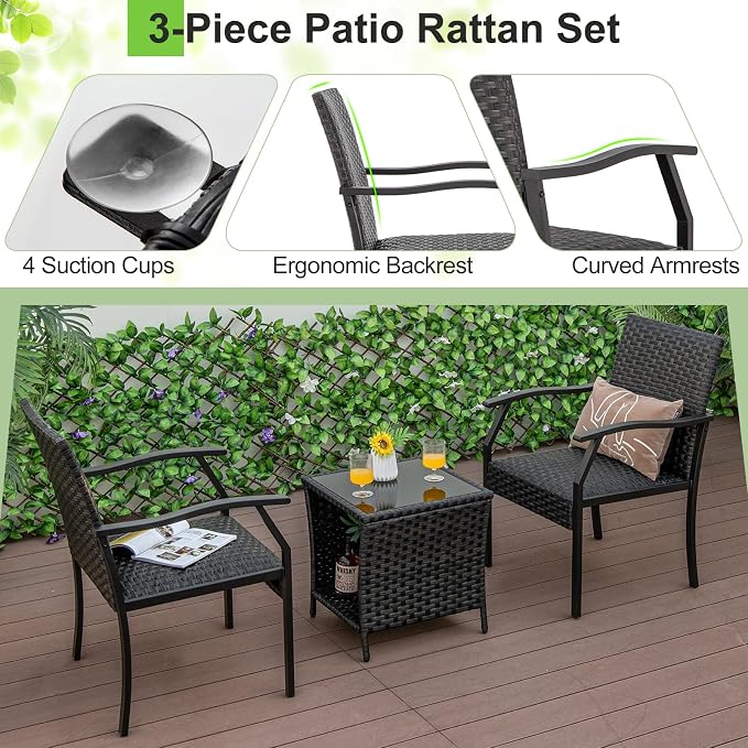 Tangkula 3 Pieces Patio Wicker Chair Set, Waterproof All Weather Resistant - Image 8