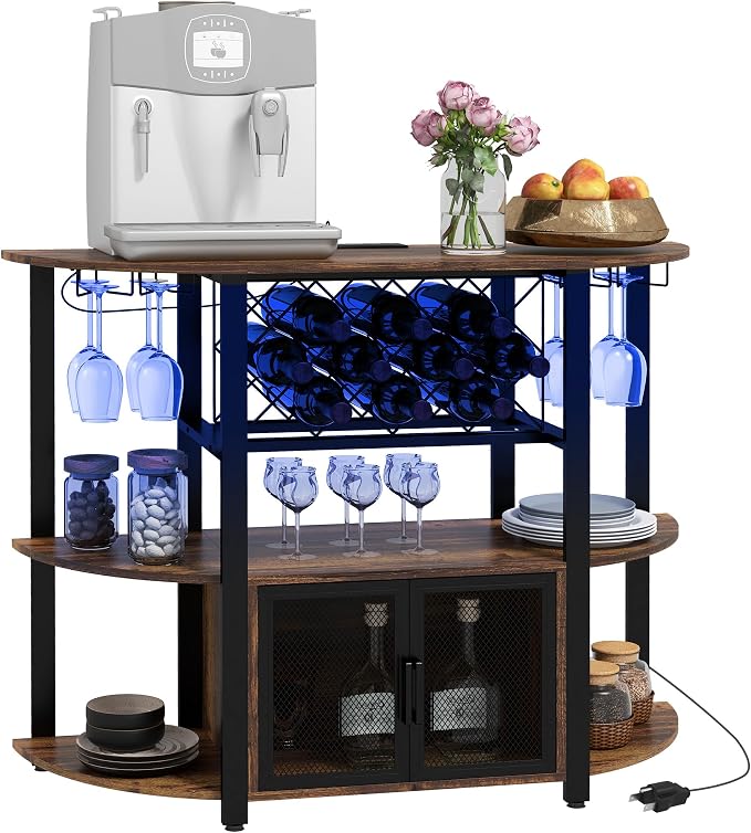HOMCOM Wine Bar Cabinet with Charging Station and LED Lights, Industrial Liquor by HOMCOM