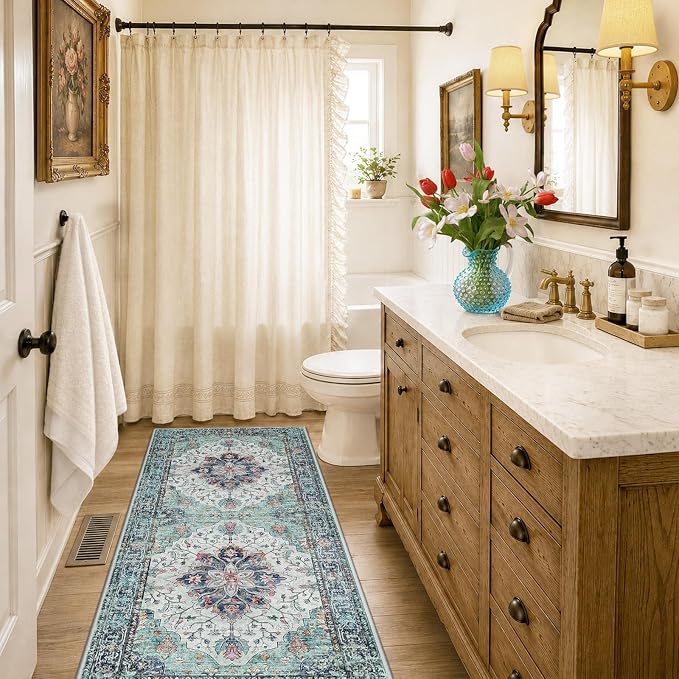 RELEANY Washable Area Rug, Runner 2'x6', Teal Green/White/Navy | Non-Slip - Image 2