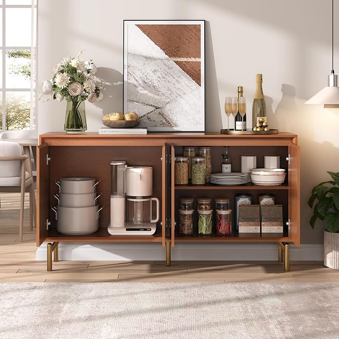 JOINICE Storage Cabinet, Mid-Century Modern Wood Accent Cabinet, Chevron - Image 3