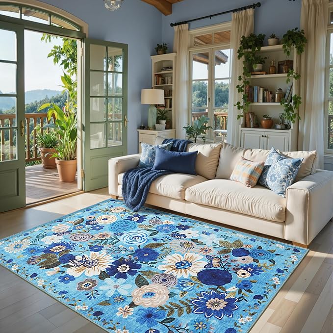 Floral Area Rugs 5x7 for Bedroom Livingroom Blue Non-Slip | Ultra-Thin Soft by WelcometoBabovid