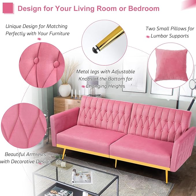 70” Velvet Futon Sofa Bed with 2 Pillows and Adjustable Armrests, Convertible - Image 5