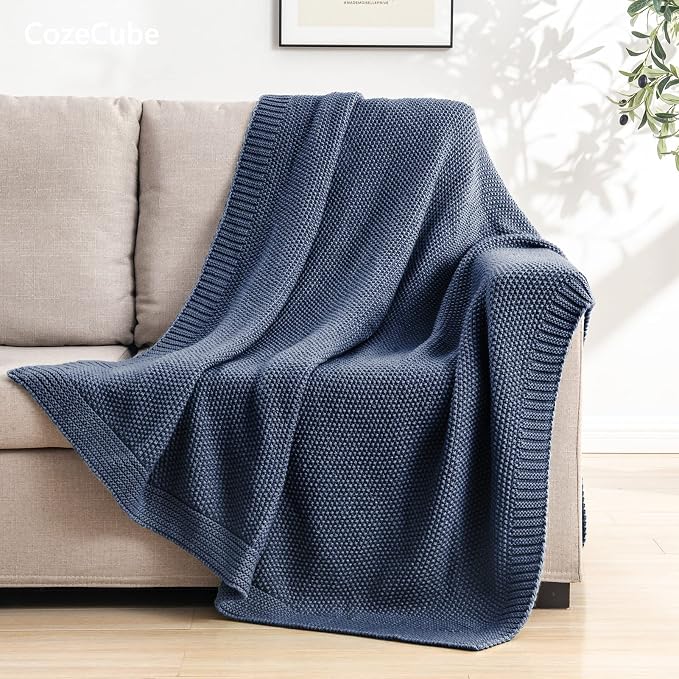 CozeCube Dusty Blue Seed Stitch Throw Blanket 60"x80", Farmhouse Decor | Blanket - Image 4