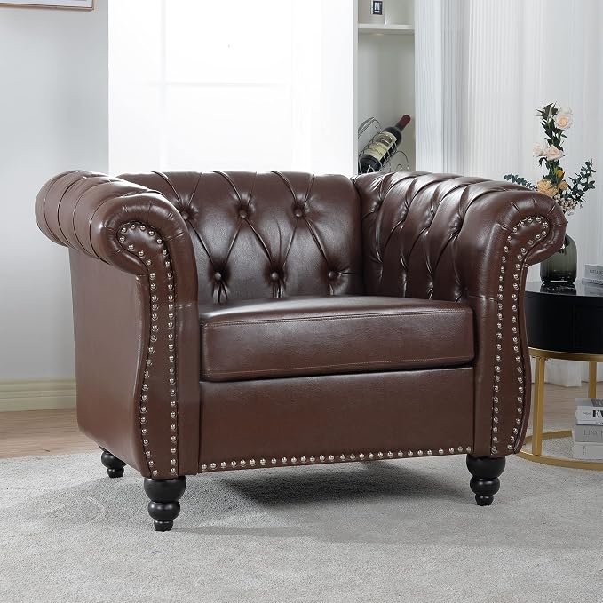 LEVNARY Leather Chesterfield Chair, Mid-Century Modern Single Sofa Chair - Image 3