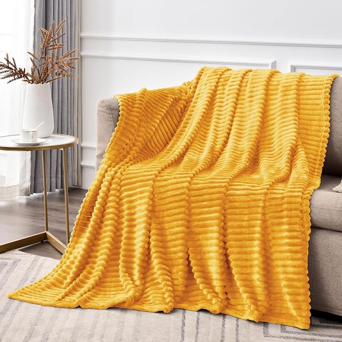 BEDELITE Ribbed Mustard Yellow Fleece Throw Blanket - Image 2