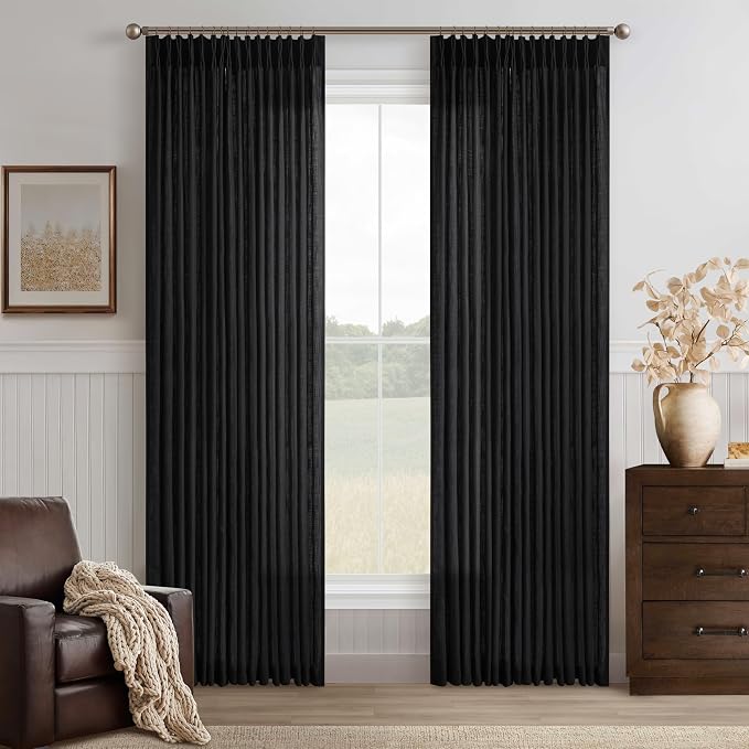 Black 90 Inches Pleated Linen Semi Sheer Memory Trained Curtains by Twodrapes
