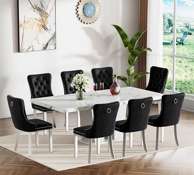 Henf 9 Pieces Faux Marble Dining Table Set - Image 3