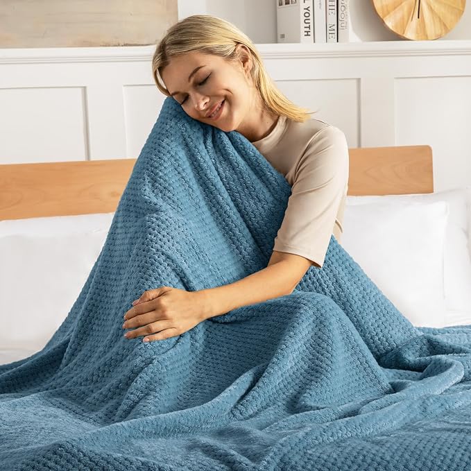 Exclusivo Mezcla Soft Waffle Fleece Bed Blanket King Size, Slate Blue | - Image 2