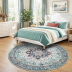 RELEANY Washable Area Rug, Round 7ft, Teal Green/White/Navy | Non-Slip - Image 2