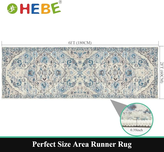 HEBE Hallway Runner Rug 2'x6', Washable Non Slip Kitchen Rug Runner | Soft Boho - Image 2