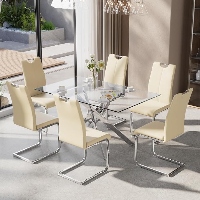 7-Piece Dining Table Set for 6, Modern Rectangular Glass Table by KATBOCFurniture