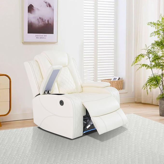 Power Recliner Chair with LED Lights, Leather Manual Recliner 1 Seat, Living - Image 3