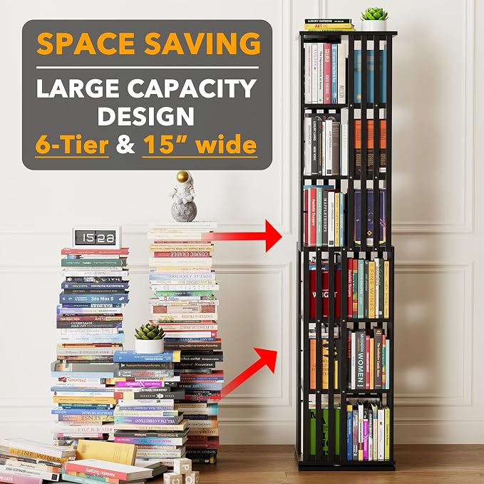 SpaceAid 6 Tier Rotating Bookshelf Tower, Bamboo Spinning Book Shelf, Revolving - Image 3