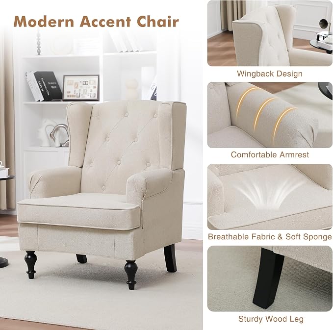 Accent Chair Set of 2, Mid Century Modern Fabric Wingback Chair, Upholstered - Image 5