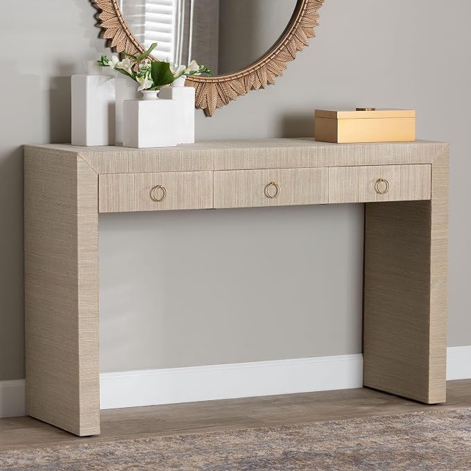 bali & pari Cielo Bohemian Woven Natural Grasscloth 3-Drawer Console Table - Image 2