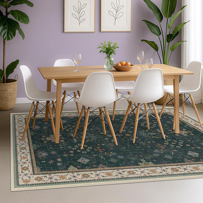 Vintage Dark Green 7x9 Dining Room Rugs by HazoHaus