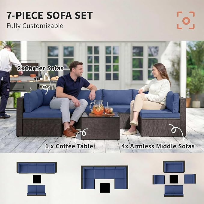 Outsunny 7 Piece Patio Furniture Set, Wicker Outdoor Sectional Sofa Set - Image 6