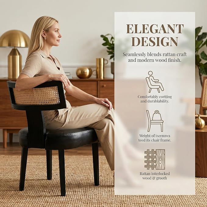 HNY Mid Century Modern Rattan Dining Chairs Set of 4, Farmhouse PU Leather - Image 5