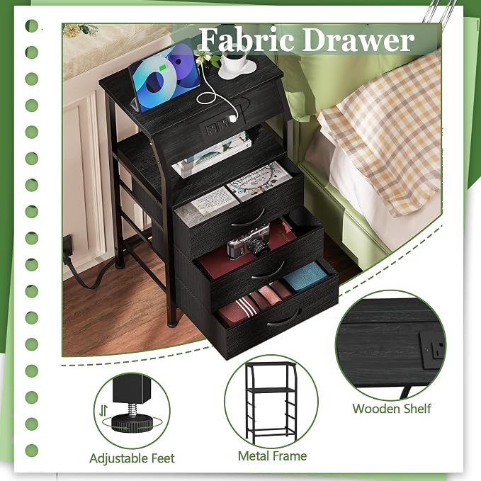 Furnulem Night Stand with Charging Station, 28.3 Inch Tall Side Table with - Image 7