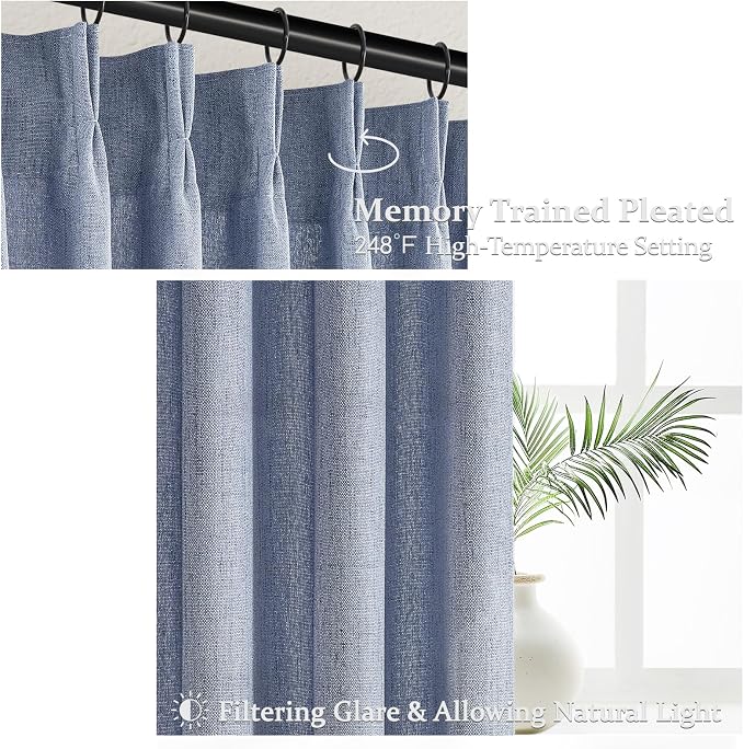 Sheer Linen Pinch Pleated Light Filtering Greyish Blue 90 Inch Curtains - Image 3