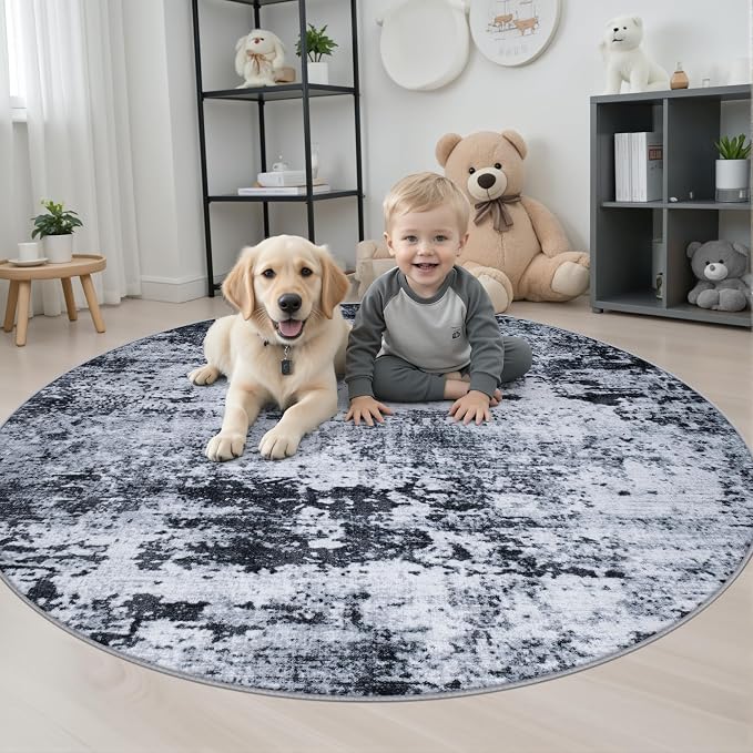 Round Area Rug Living Room: 5 ft Modern Washable Carpet Black | - Image 3
