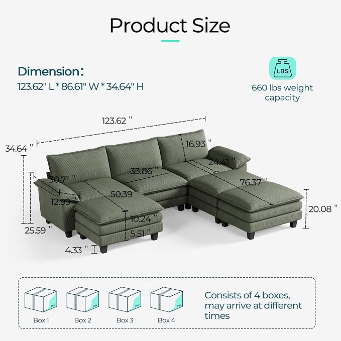 LINSY HOME 123" Modular Sectional Sofa, 3-Seat Corduroy Modern Cloud Couch - Image 2