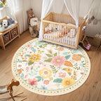 RELEANY Floral Washable Round 8ft Area Rug Beige/White/Orange | Flower Carpet - Image 2
