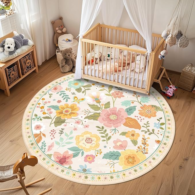 RELEANY Floral Washable Round 4ft Area Rug Beige/White/Orange | Flower Carpet - Image 3