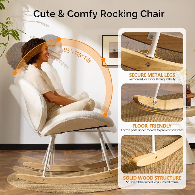 VINGLI 25.6" Extra Wide Criss Cross Nursery Rocking Chair, Cute Curved 115° - Image 4