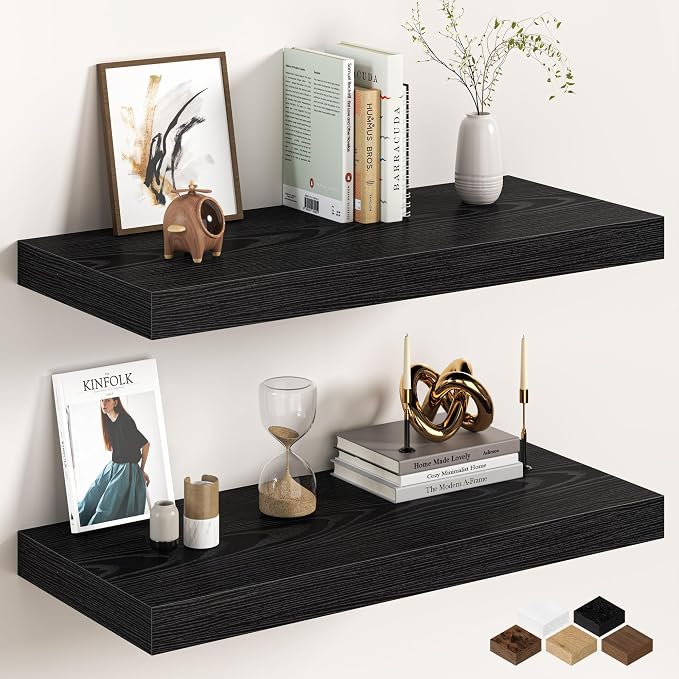 32Inch Black Floating Shelves for Wall, 12 Inch Deep Shelves for Bedroom by FunMemories