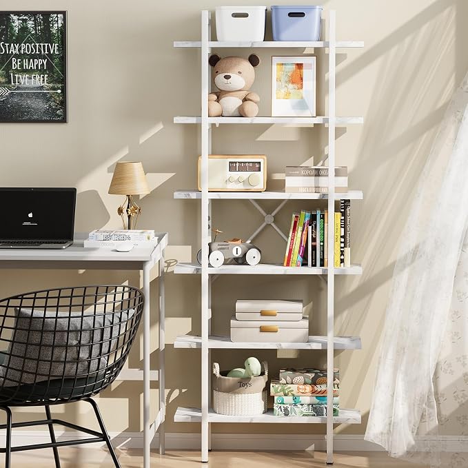 Bookshelf 6 Tiers White Wooden Storage Shelf, Modern Open Display Storage - Image 3