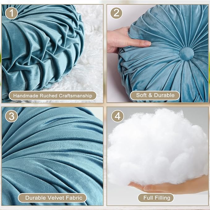 HIG Set of 2 Dusty Blue Velvet Decorative Round Pleated Throw Pillows | Vintage - Image 3