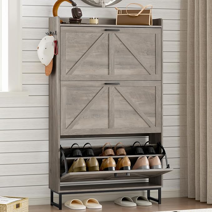 BORNOON Shoe Cabinet with 3 Flip Drawers Narrow Shoe Storage Cabinet Organizer by BORNOON