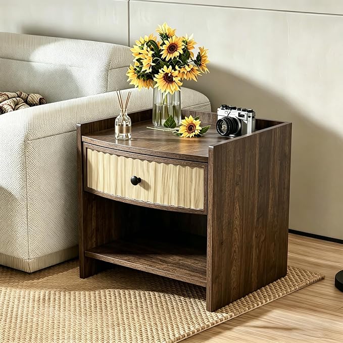 Wooden Nightstand with Drawer and Open Storage Shelf, Curved Front Bedside Table - Image 5
