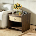 Wooden Nightstand with Drawer and Open Storage Shelf, Curved Front Bedside Table - Image 5