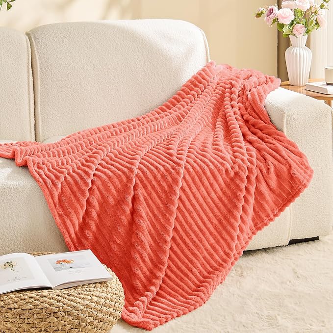 BEDELITE 3D Ribbed Coral Red Fleece Throw Blanket - Image 8
