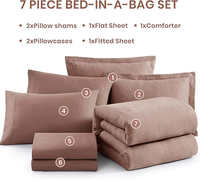 Monbix King Size Comforter Set, 7 Pieces Dusty Pink Cationic Dyeing Bed in a - Image 7