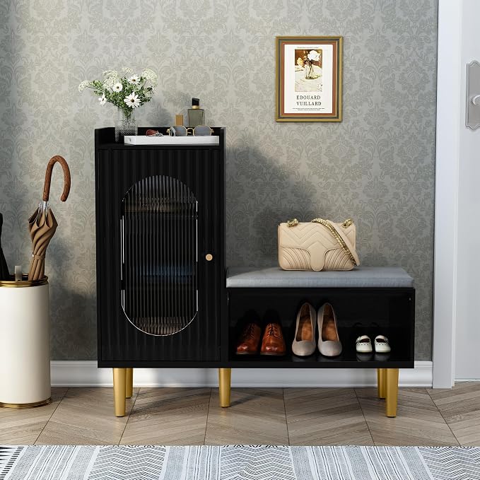 HLR Storage Bench with Glass Door&Shelf, Modern Entryway Shoe Cabinet Bench by HomeDeservesaRelaxLiving