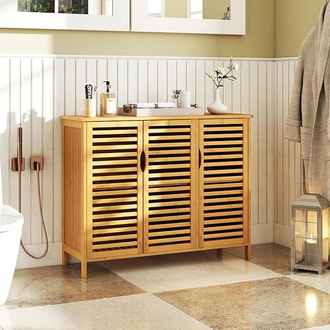 Giantex Bamboo Bathroom Storage Cabinet, 3-Door Storage Organizer - Image 2