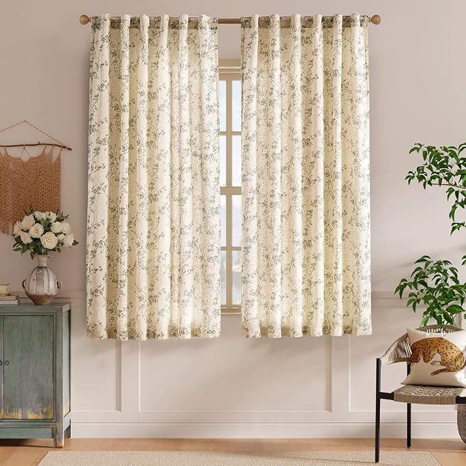Green Vintage Floral Linen Curtains Farmhouse 50W X 63L 2 Panels | Elisa Series - Image 2