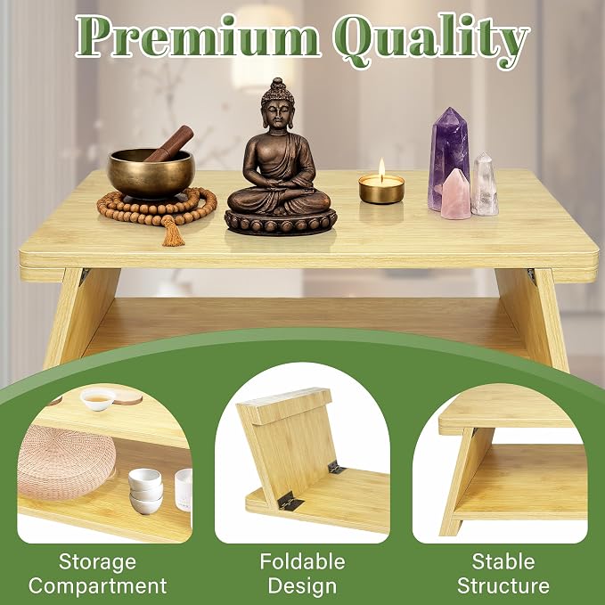 Floor Table, Altar Table Paulownia Folding Design, Low Meditation Table - Image 4