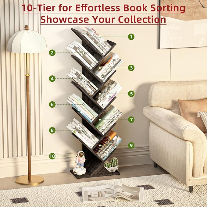 SHEEPAM 10 Tier Tree Book Shelf, Floor Standing Wood Bookshelf - Image 4